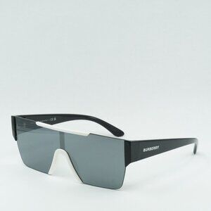 Burberry BE4291 40496G Sunglasses White/Black Shield Frame, Grey Mirror Lenses